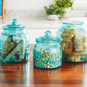 Pioneer woman cassie glass canister set 3 pc Teal new